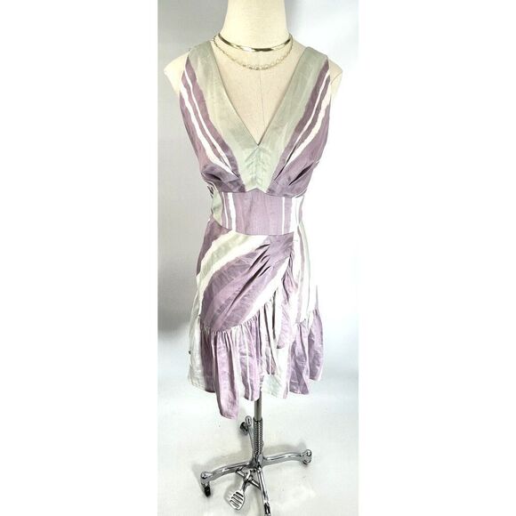 Rebecca Taylor Faux Wrap Ruffle Hem Dress Bow Silk Linen Sleeveless Size 10 - Picture 4 of 15